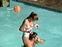 Greatly shaped glam girl is riding her boyfriends neck in a swimming pool and has no idea someone is filming her sexy denuded bristols